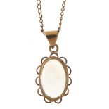9ct gold cabochon moonstone pendant and a 9ct gold necklace, the pendant 2.4cm high, total 3.0g