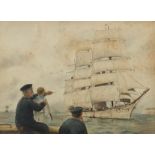 Sailors before water and boats, maritime watercolour, indistinctly signed, possibly Matcham,