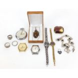 Vintage and later jewellery including silver rings, silver and amber pendant, vintage wristwatches