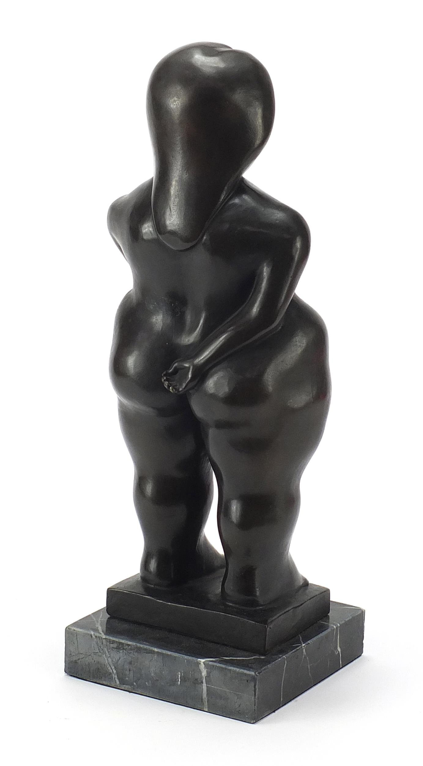Patinated bronze study of a nude female in the style of Fernando Botero, raised on a square black - Image 2 of 3