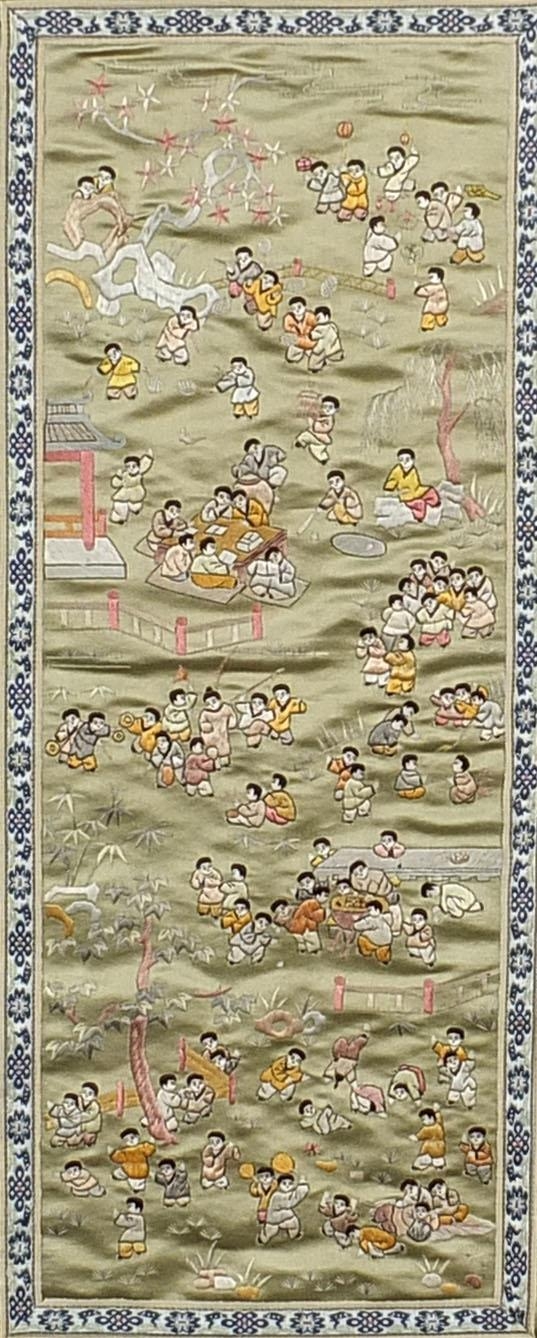 Pair of Chinese silk panels embroidered with one thousand children, mounted, framed and glazed, 54cm - Image 5 of 7