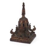 Chino Tibetan gilt bronze stupa onto a square base, 22cm high