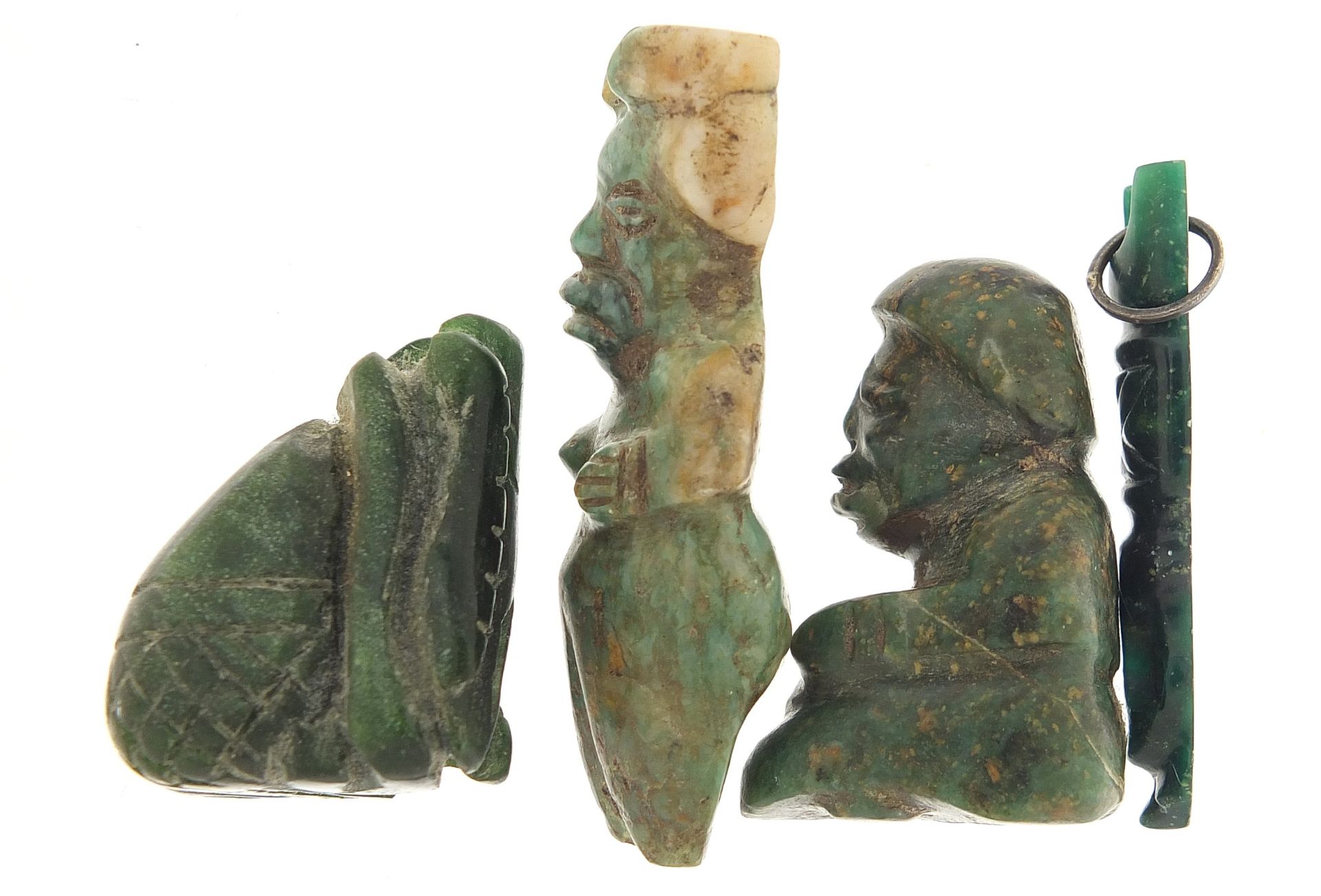 Four antique green stone carvings including a Hei-tiki style pendant, the largest 5.5cm high - Image 2 of 7