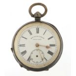 H E Peck, gentlemen's silver open face pocket watch with enamel dial, 50mm in diameter