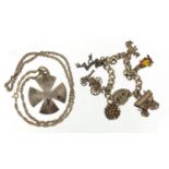 Silver charm bracelet with a selection of charms and a heavy silver cross pendant on necklace, total