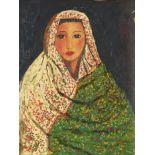 Portrait of a girl, Middle Eastern oil on paper laid on canvas, mounted and framed, 44.5cm x 34.