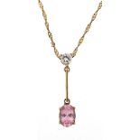 9ct gold pink sapphire and clear stone pendant on a 9ct gold necklace, 2.5cm high and 44cm in