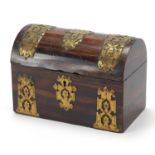 19th century dome topped metal bound rosewood stationary box, 13.5cm H x 19cm W x 10.5cm D