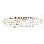 Large selection of costume jewellery rings, some set with colourful stones and glass, various sizes