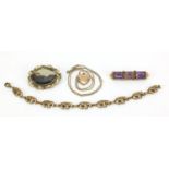 Antique and later jewellery including a Victorian moss agate brooch, amethyst brooch, 9ct gold front