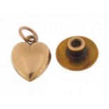 9ct gold love heart charm and 15ct gold stud back, the largest 1cm in diameter, total 0.9g