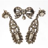 Pair of antique silver and clear paste earrings and a similar brooch, the earrings 5.2cm high, total