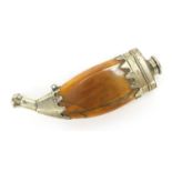 Antique Islamic powder flask with amber coloured body, 12.5cm in length