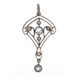 Art Nouveau 9ct gold blue stone and seed pearl pendant, 4cm high, 2.2g