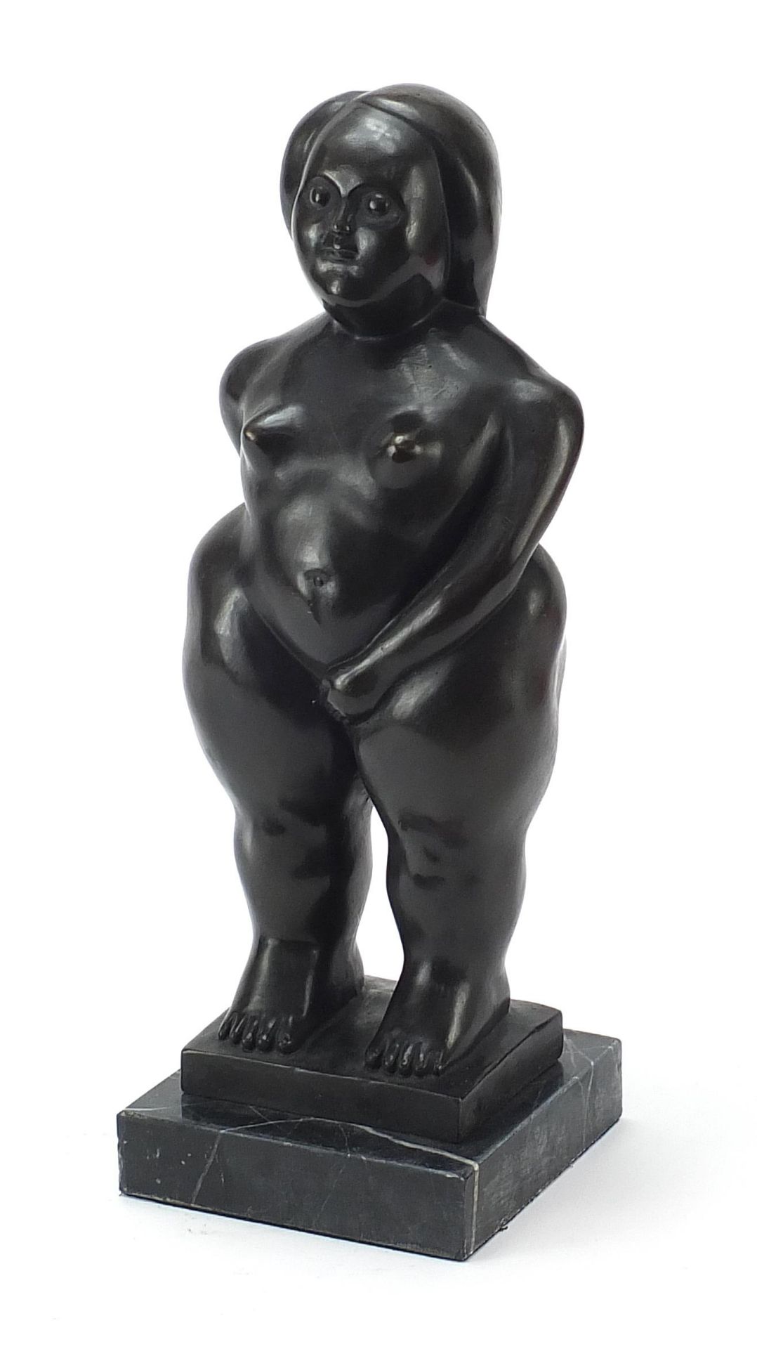 Patinated bronze study of a nude female in the style of Fernando Botero, raised on a square black