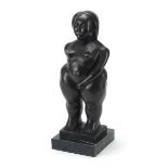 Patinated bronze study of a nude female in the style of Fernando Botero, raised on a square black