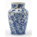 Japanese blue and white porcelain vase hand painted with birds amongst foliage, six figure character