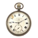 Thomas Russell & Son, silver open face pocket watch with enamel dial, 54mm in diameter