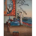 Figures in a palace setting beside water, Chinese watercolour, mounted, framed and glazed, 35cm x