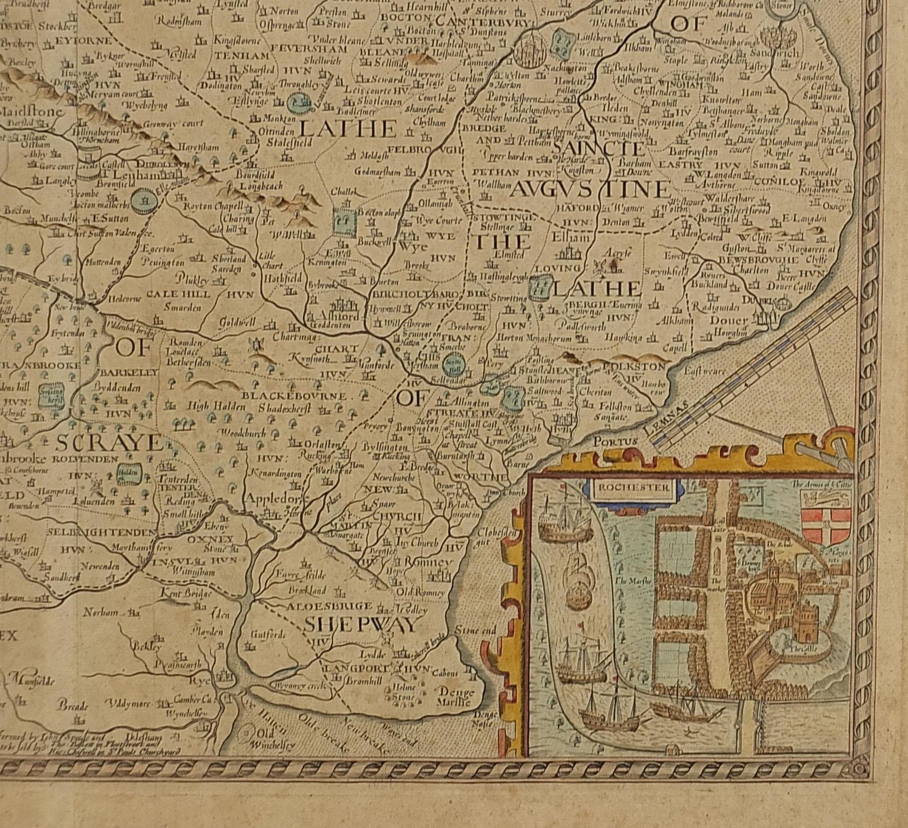 John Speed, Antique hand coloured map of Kent, framed and glazed, 53.5cm x 41.5cm excluding the - Image 5 of 6