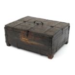 Antique style metal bound marriage box having a carry handle on the top, 18cm H x 43cm W x 33cm D