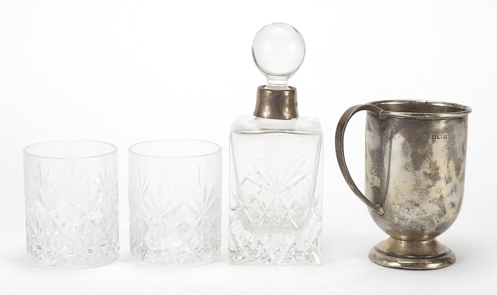 Francis Howard cut glass bottle and two glasses with silver collar and a silver cup, the cup 8.5cm - Image 5 of 6