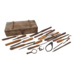 Carpenter's wooden box housing a selection of chisels, 14.5cm H x 61cm W x 32cm D