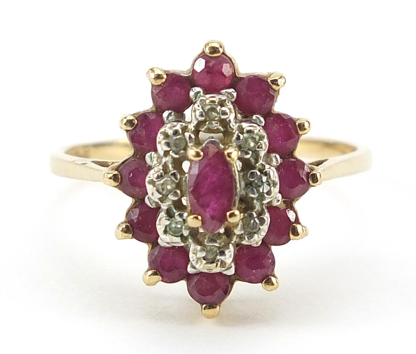 9ct gold ruby and diamond three tier cluster ring, size M, 2.2g