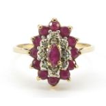 9ct gold ruby and diamond three tier cluster ring, size M, 2.2g