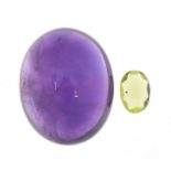 Two gemstones with certificates comprising amethyst 18.20 carat and peridot 0.75 carat