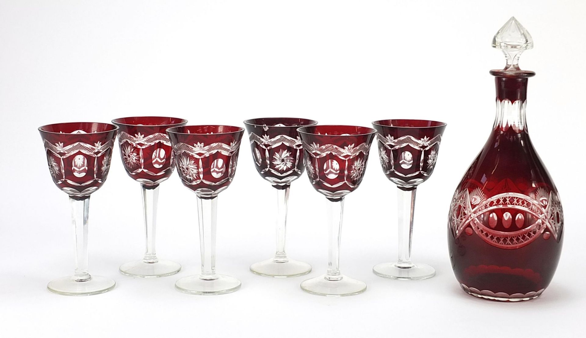 Set of six Bohemian ruby flashed cut glasses and a decanter, the largest 29.5cm high - Image 4 of 6