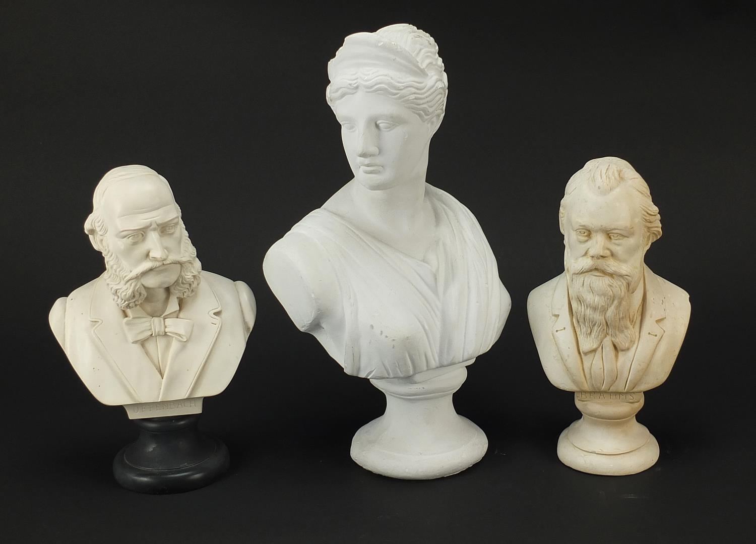 Three classical busts including one of Jacques Offenbach, the largest 33cm high