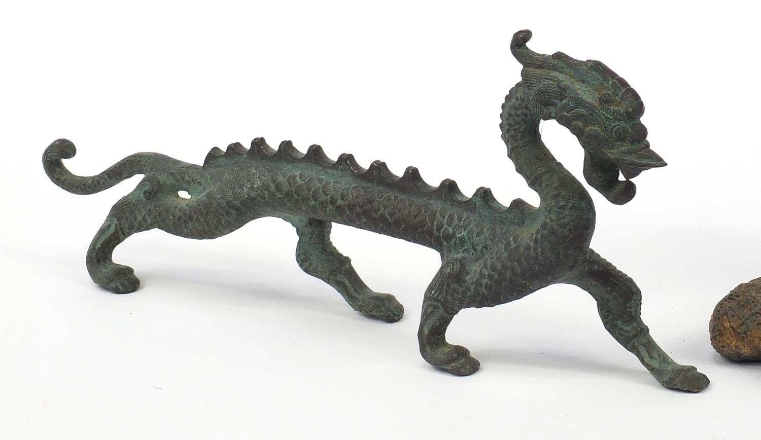 Thai patinated bronze figure of a deity and Chinese dragon - Image 2 of 9