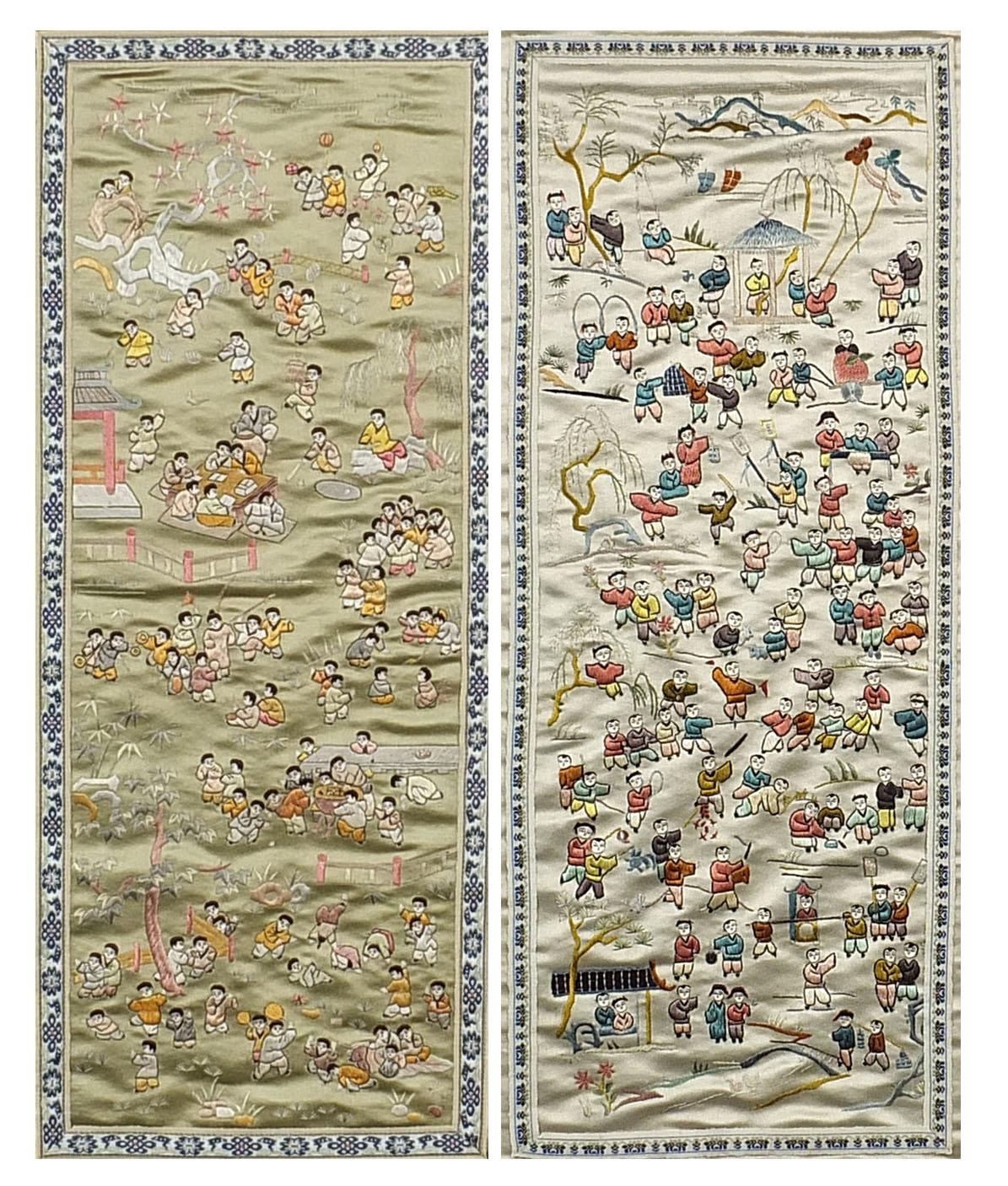 Pair of Chinese silk panels embroidered with one thousand children, mounted, framed and glazed, 54cm