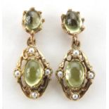 Pair of 9ct gold peridot and pearl drop earrings, 2cm high, 2.5g