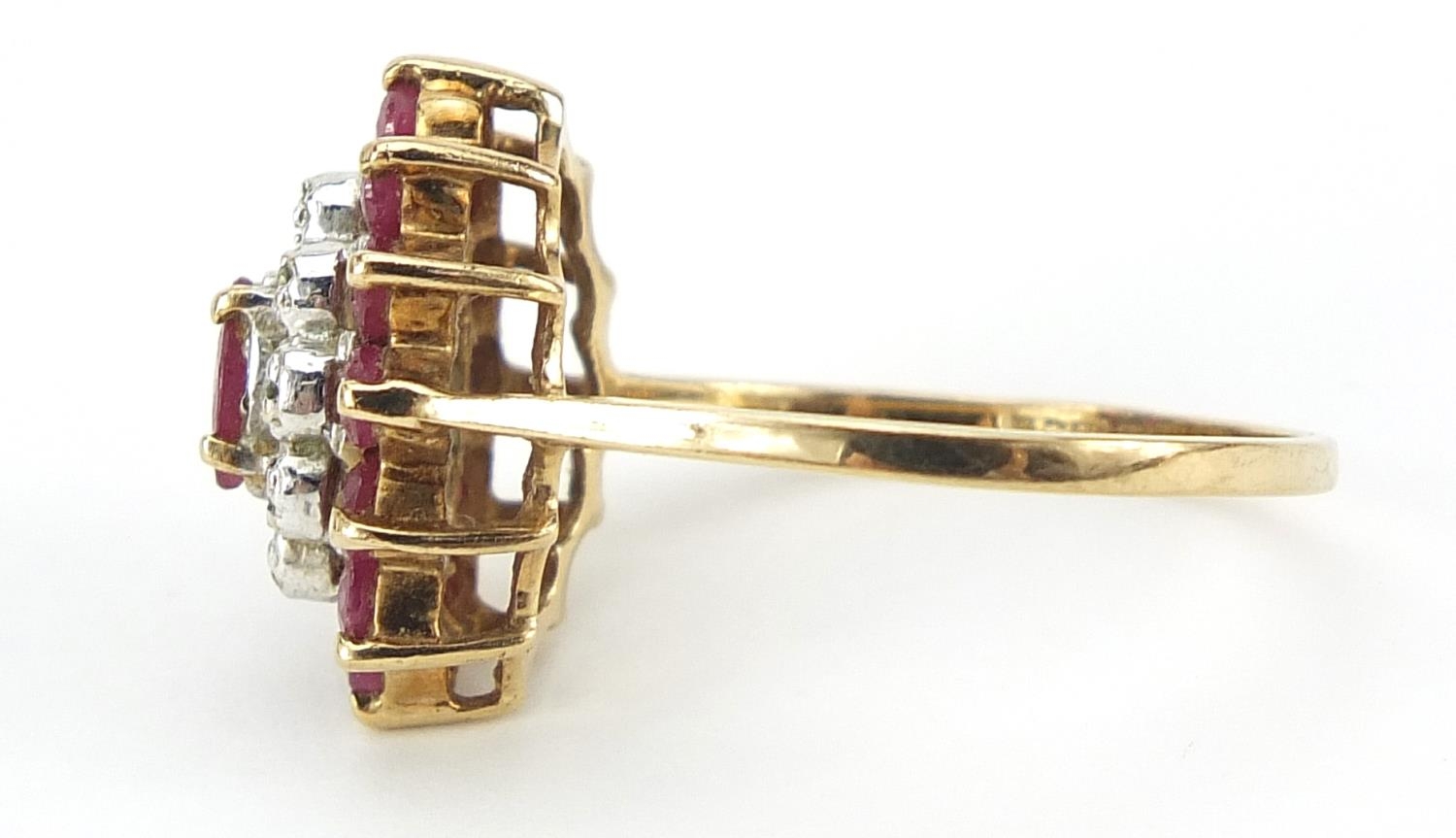 9ct gold ruby and diamond three tier cluster ring, size M, 2.2g - Image 2 of 5