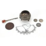 Objects including Indian unmarked silver salt, silver and agate brooch and antique coins