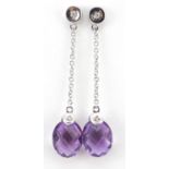 Pair of 9ct white gold amethyst and diamond drop earrings, 3.8cm high, 2.4g