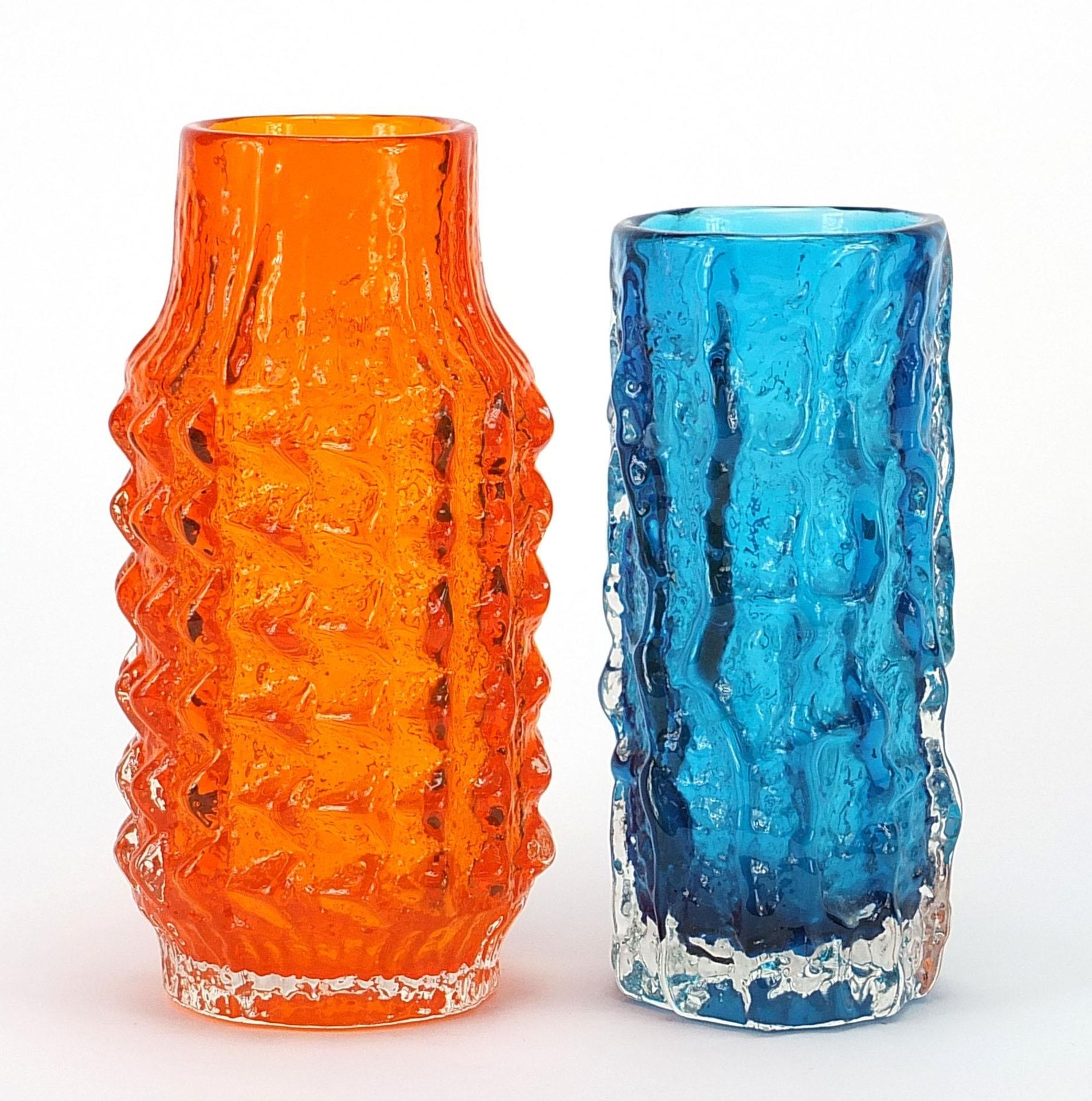 Geoffrey Baxter for Whitefriars, two glass vases including a pineapple example in tangerine, the