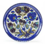 Turkish Iznik pottery plate hand painted with flowers, 33cm in diameter