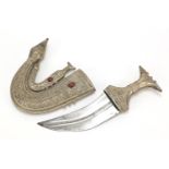 Omani white metal mounted Jambiya dagger with sheath and semi precious stone cabochons, 26cm in