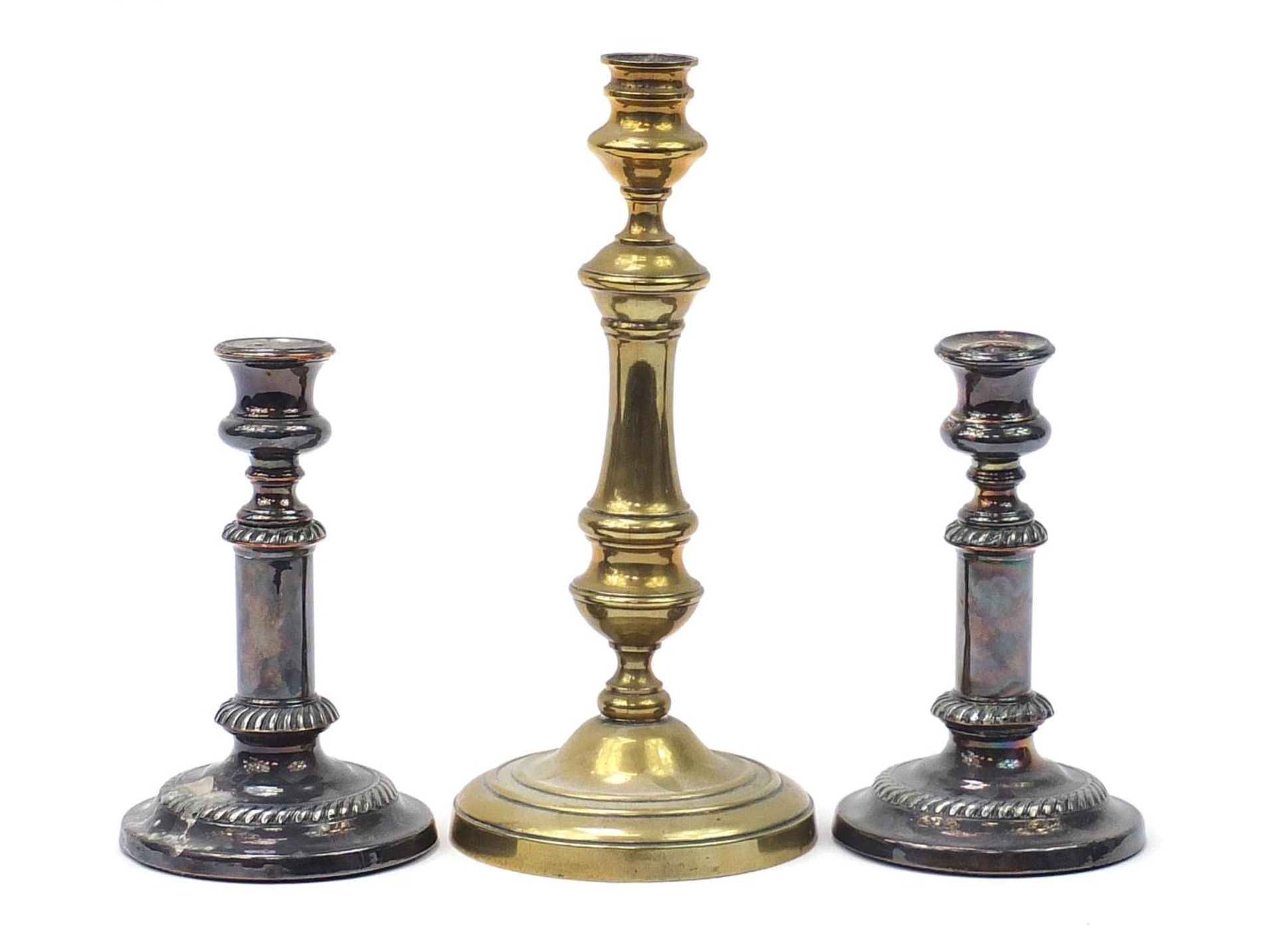 19th century brass candlestick and pair of silver plated telescopic candlesticks, the largest 29.5cm - Image 2 of 3