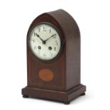 Inlaid oak mantle clock striking on a gong having a white dial and Arabic numerals, 30cm high