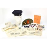 Militaria and sundry items including medals, side cap and charm bracelet with silver Felix cat charm