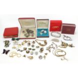 Vintage and later costume jewellery including some silver, D'Orlan enamel brooch, pair of