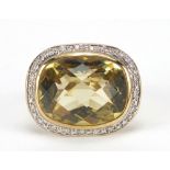 9ct gold citrine and diamond ring, size P, 8.9g