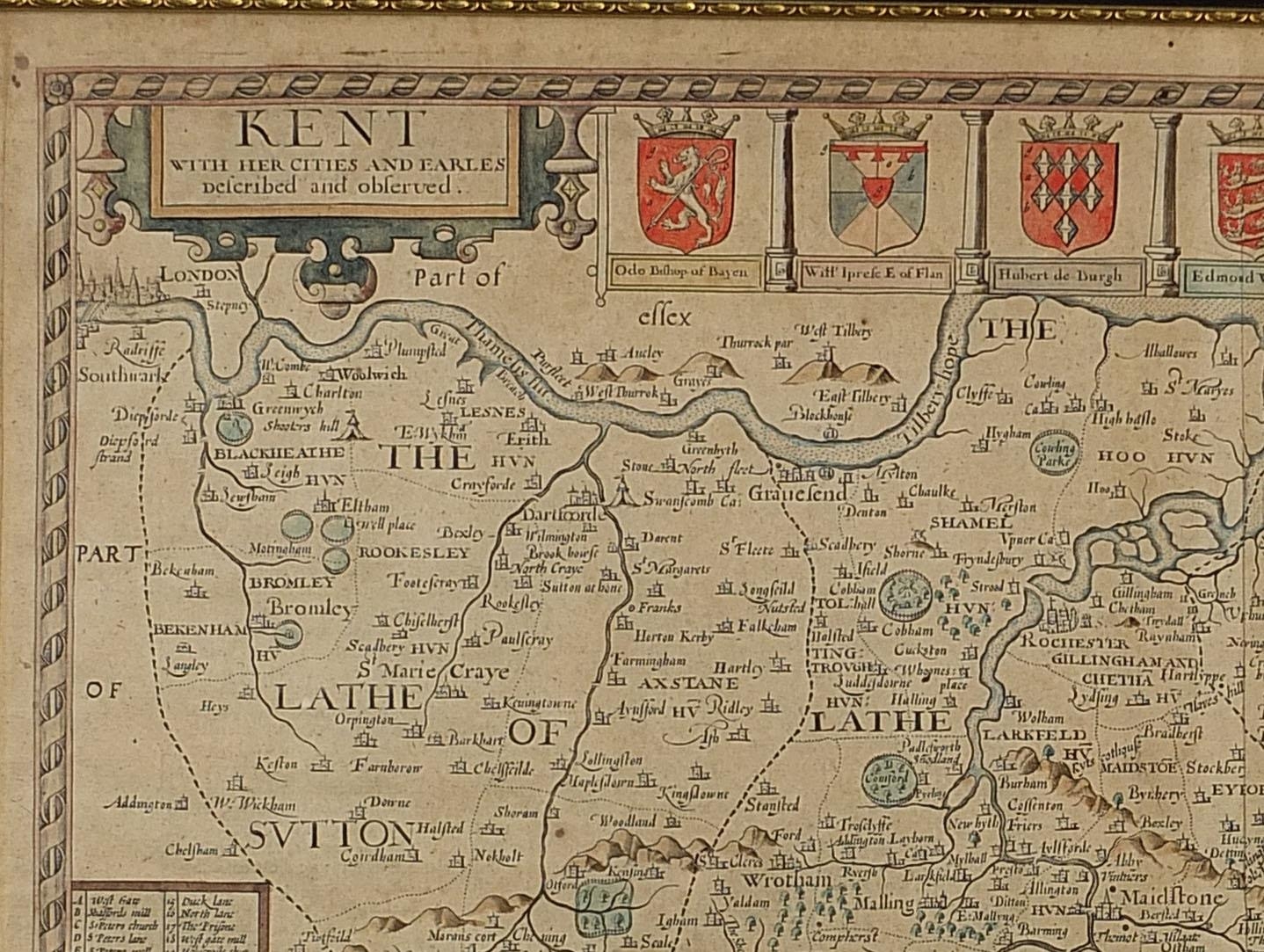 John Speed, Antique hand coloured map of Kent, framed and glazed, 53.5cm x 41.5cm excluding the - Image 3 of 6