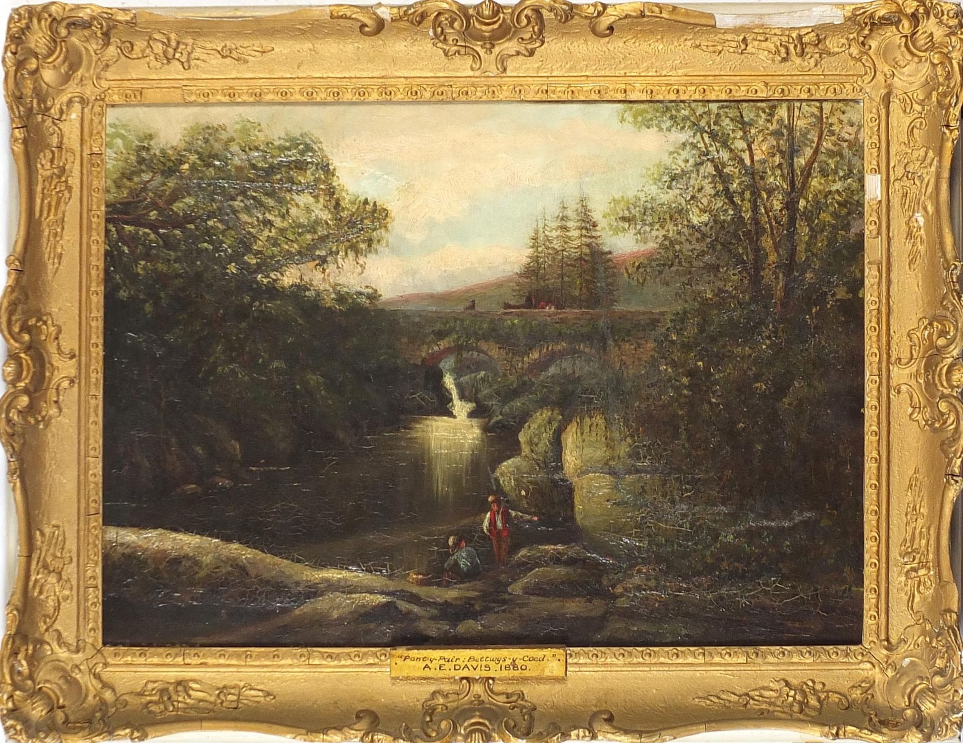 A E Davis - Pont Y Pair, Bettwys-Y-Coed, 19th century Welsh oil on canvas, applied plaque to the - Image 2 of 5