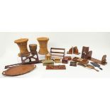 Treen and sundry items including wicker stools, wooden boxes and letter racks