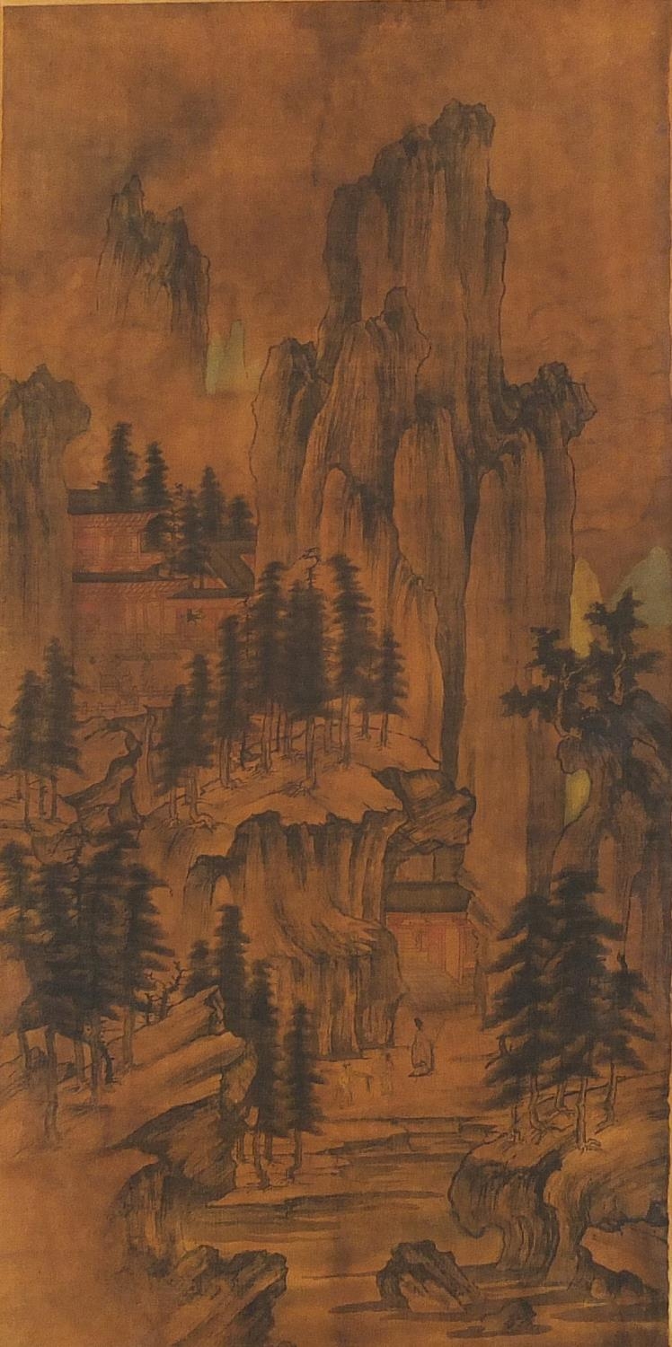 Chinese wall hanging scroll decorated with figures before mountains, 80cm x 30cm wide